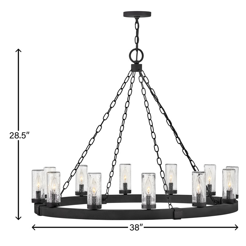 Sawyer 38" Twelve-Light Outdoor Candle Chandelier w/ Clear Seedy Glass Shades