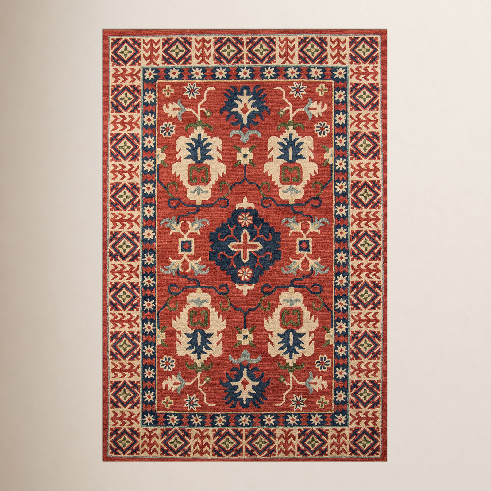 Adrien Red Beige Blue Hand-Tufted Wool Rug, Rectangle 5' x 8'