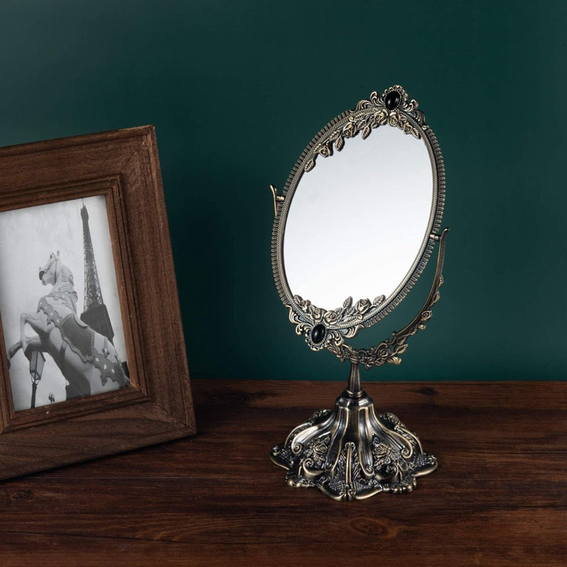 Petit miroir de maquillage rétro en métal avec miroir de maquillage ovale