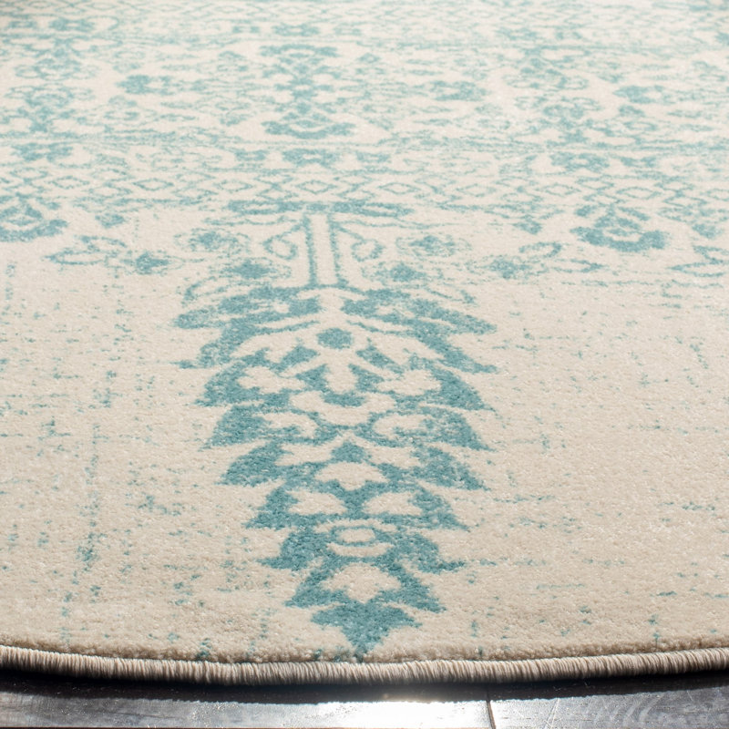 Annette Damask Ivory/Teal Area Rug, Round 6'7"