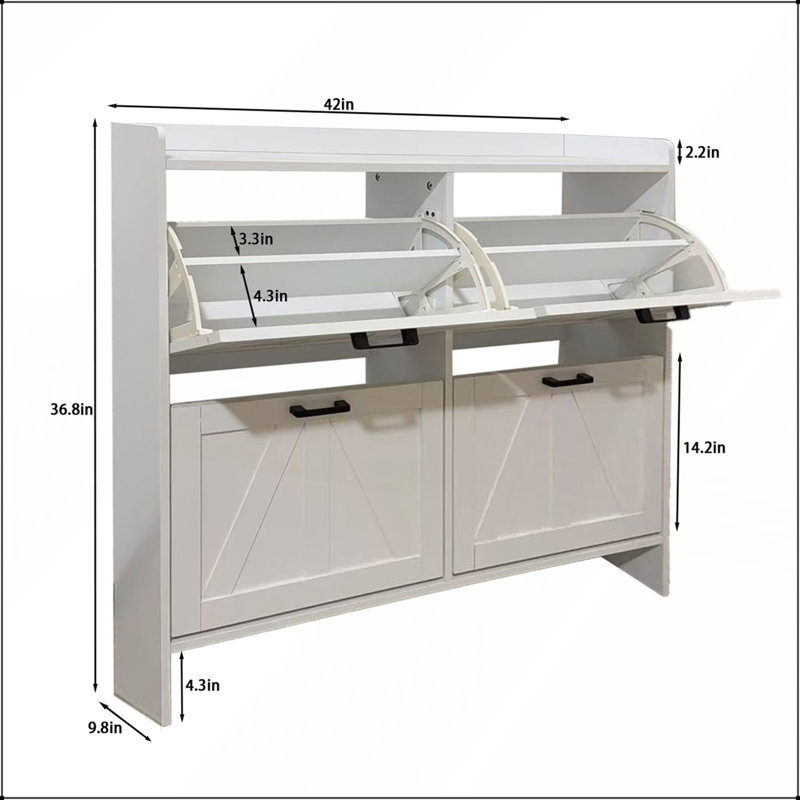 White Modern Fence Shoe Cabinet with 4 Flip Drawers for Living Room, White