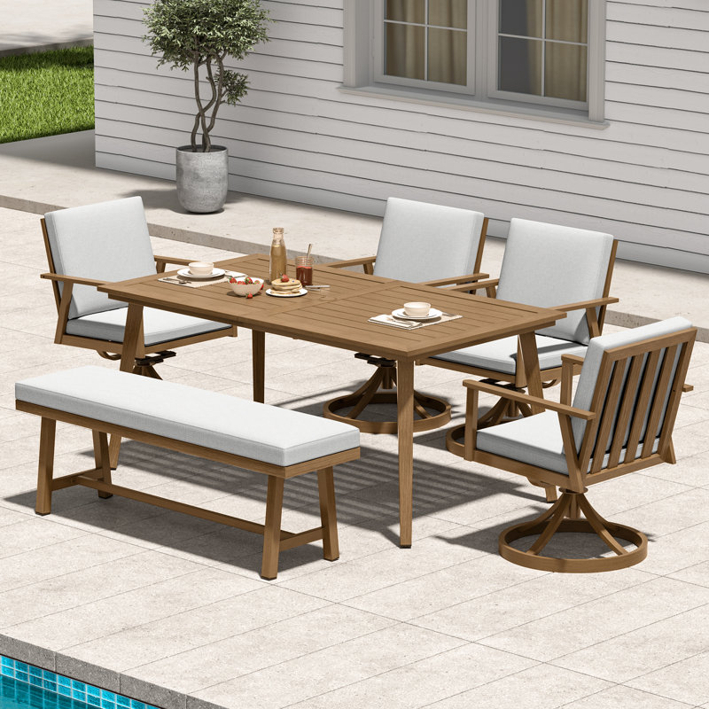 Seehill 6-Piece Patio Dining Set, Aluminum Patio Furniture Set Includes Rectangle Dining Table, 4 Swivel Chairs & Outdoor Backless Bench, Patio Bench Set for Garden, Deck
