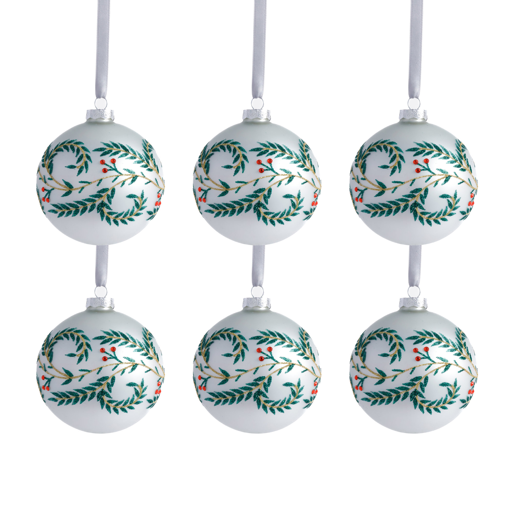 White Metallic Glass Ball Holiday Ornaments with Green Leaf Design, Set of 6, 4" H x 4" W x 4" D