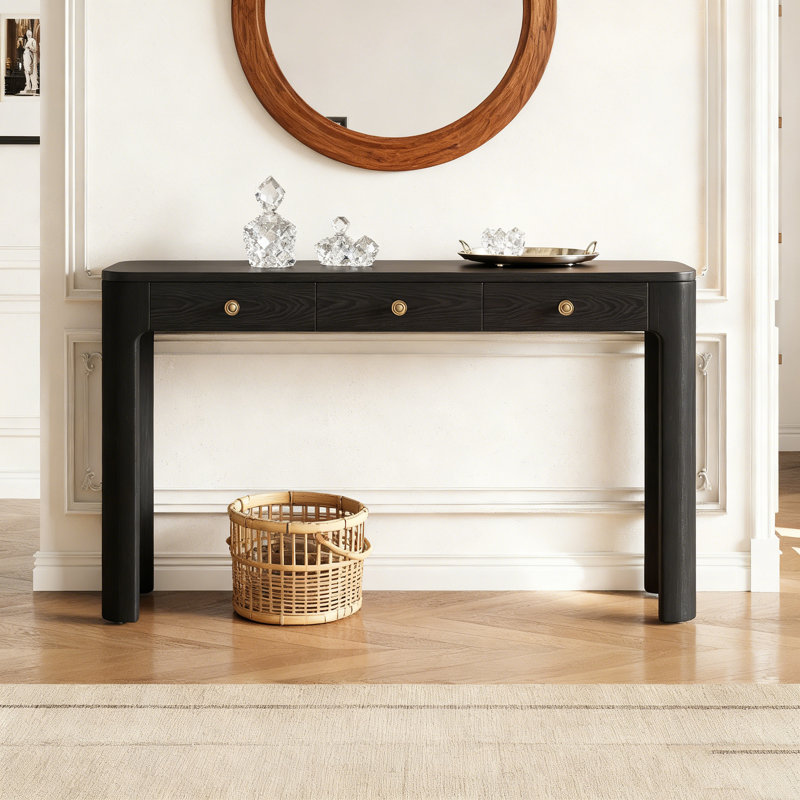Rustic Console Table With Curved Corners For Safety, Entryway Table With 3 Concealed Drawers, Sturdy Sofa Table With Thick Legs For Hallway & Living Room (Black)