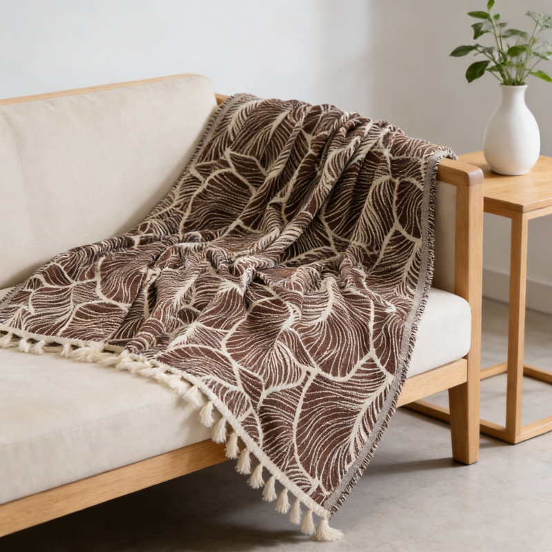 Jeté réversible en chenille et coton, couverture décorative tissée légère pour canapé, lit, canapé et utilisation extérieure avec bordure à pampilles