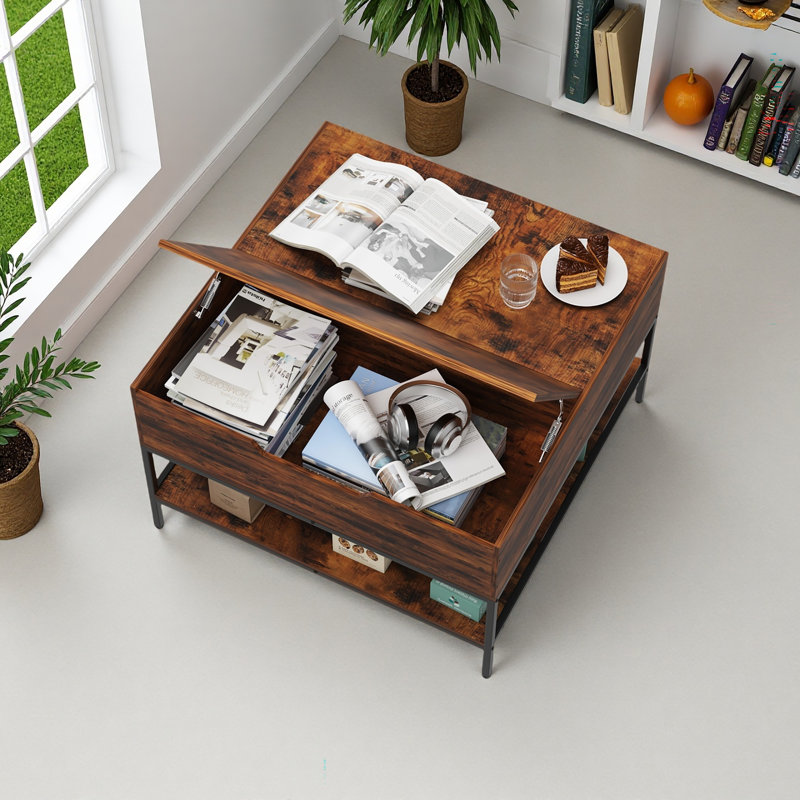 Table basse à plateau rabattable avec rangement Farmhouse - 31,5 po Table à grain de bois rustique, compartiment de rangement