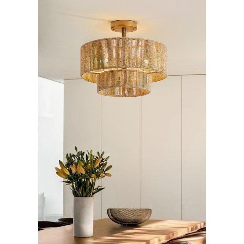 Lampe suspendue zen style japonais avec finition en bois et corde tissée, H 25,2 po x l 23,62 po x P 23,62 po