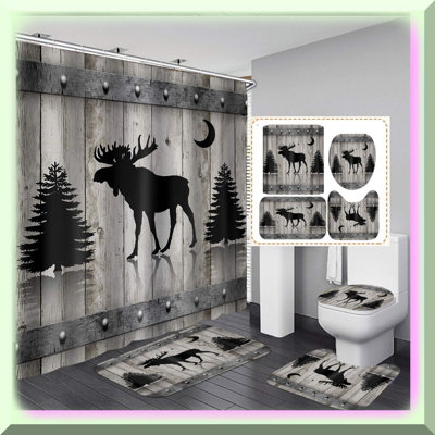 Rustic Deer & Moose Bathroom Set: Shower Curtain, Mat & Rugs. Farmhouse Country Decor with Silhouette Design on Grey Wooden Board. 4PCS.