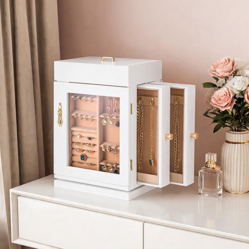 Armoire de rangement à bijoux rotative à 360 ° en MDF avec porte magnétique, crochets à collier intégrés, organisateur de bijoux blanc
