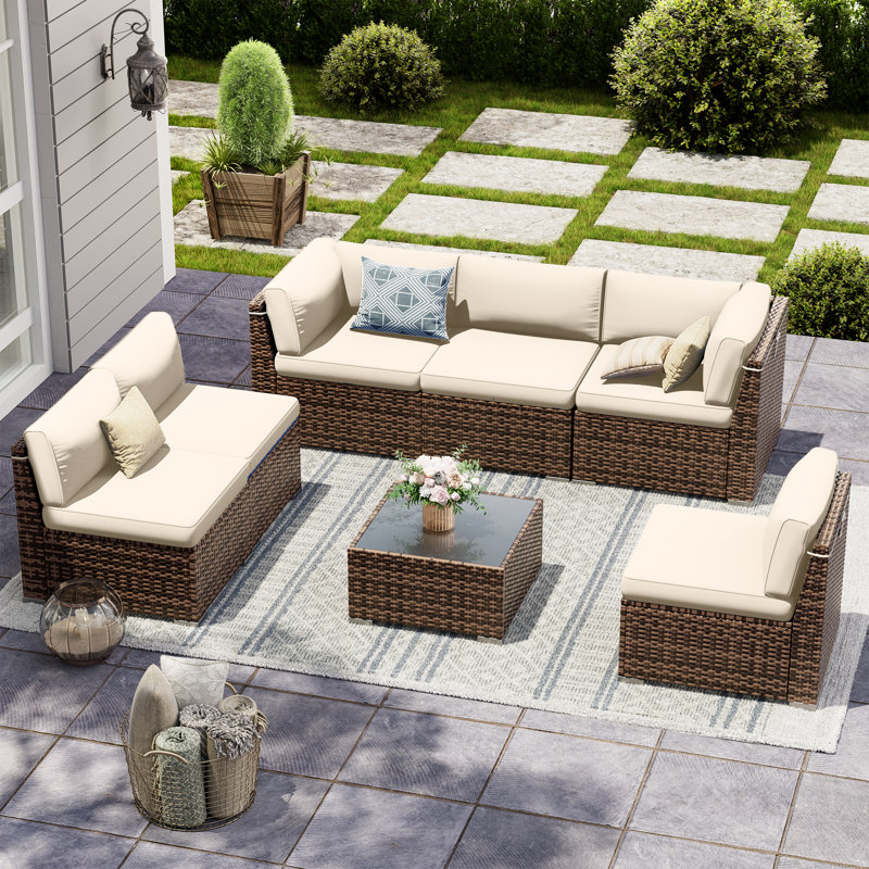 Ensemble de conversation modulaire robuste en osier PE brun pour 6 personnes, Non, Beige, Brun