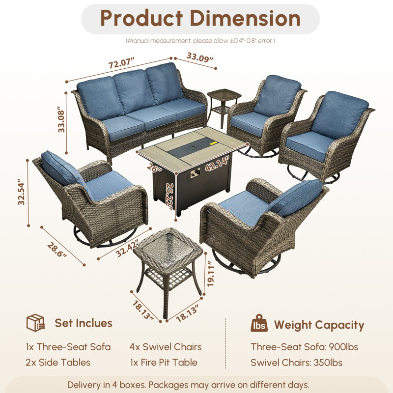Adams 7- Person Outdoor Wicker Patio Sofa Seating Group With Swivel Rocking Chairs And Fire Pit Table, Gray, Denim Blue