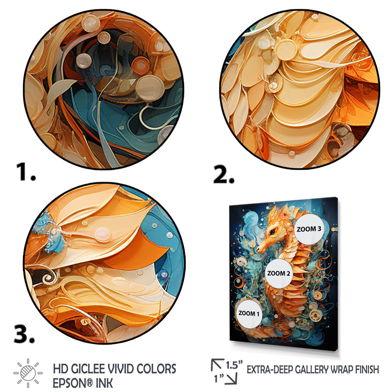 Hippocampe orange et bleu Symphony 1, H 32 po x l 16 po x P 1 po, Cadre flottant doré