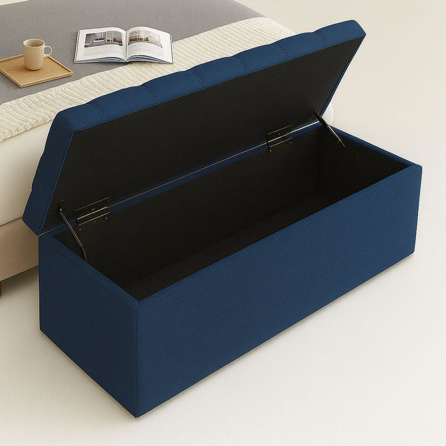 Divan Chesterfield Wide Velvet Rectangle Solid Color Standard Ottoman Box with Storage, Sapphire Blue
