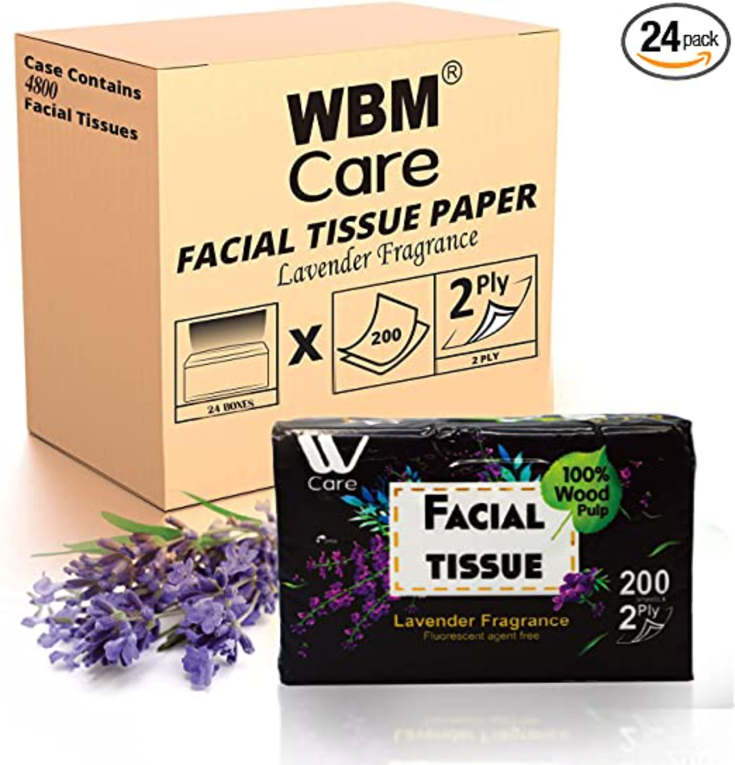 WBM Care Facial Tissues with Lavender Fragrance, 2-Ply, 200 Sheets/Box ...