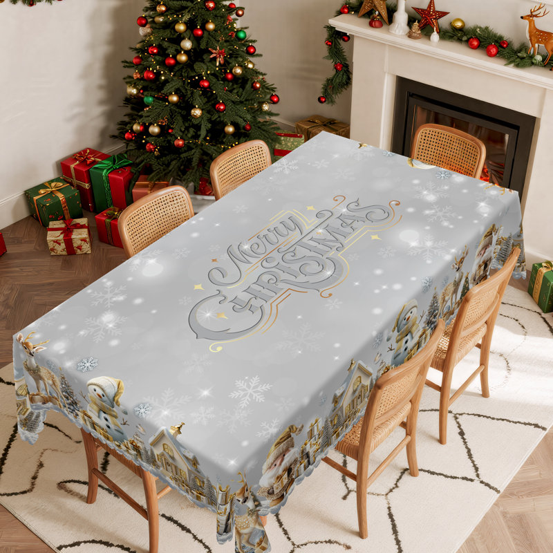 Nappe en polyester gris lavable à la machine avec motif bonhomme de neige doré pour Noël, L 86,6 po x l 70,8 po