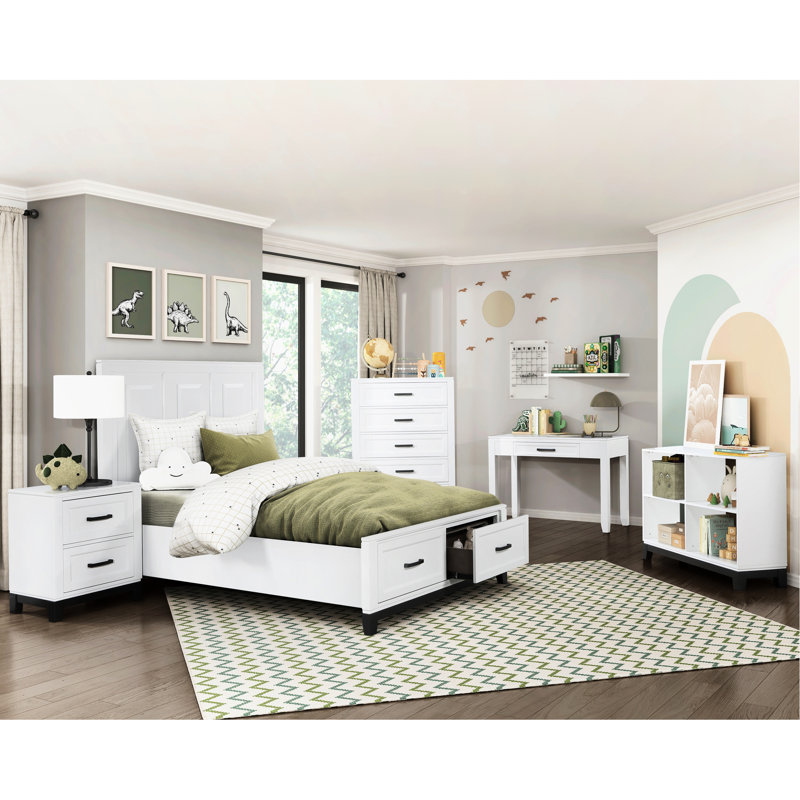 Lit plateforme en bois blanc avec rangement pour une chambre à coucher confortable avec rangement, tiroirs coulissants