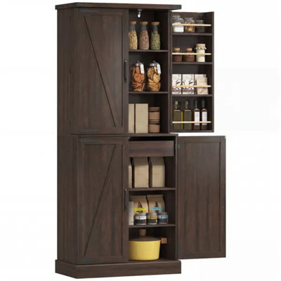 72" Tall Kitchen Pantry Cabinet, Farmhouse Storage Cabinet With 8 Door Racks And Adjustable Shelves, Distressed Brown