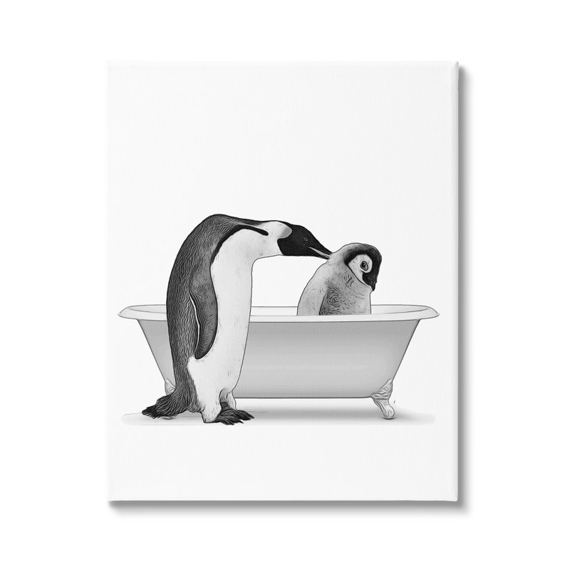 Pingouin et poussin, baignoire sur toile, impression, H 20 po x l 16 po x P 1,5 po