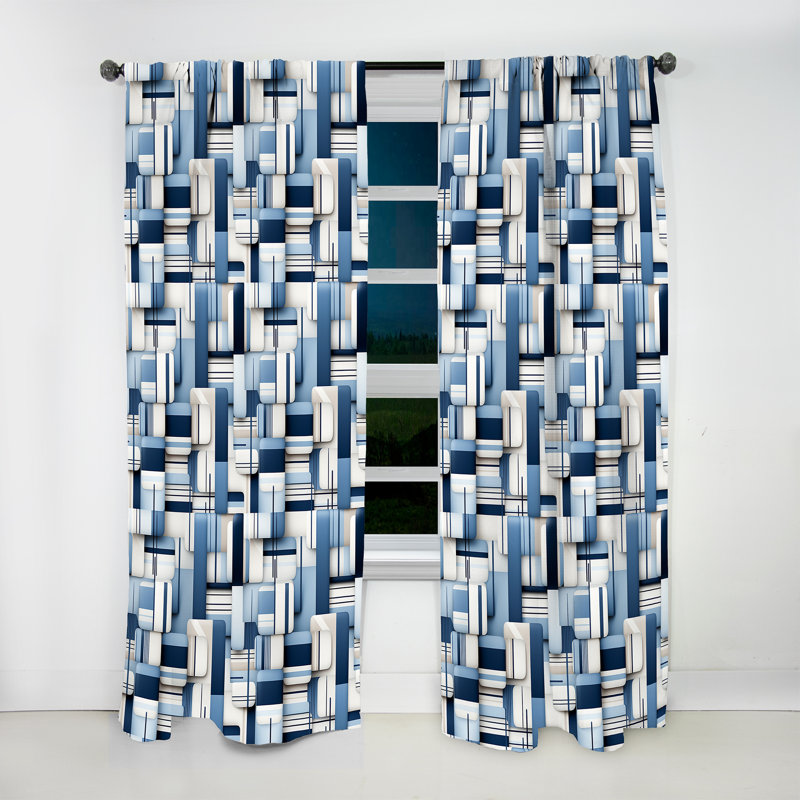 Harmonie de blocs géométriques blancs et bleus - Rideau abstrait - Velours obscurcissant - 1 panneau, L 52 po x L 120 po