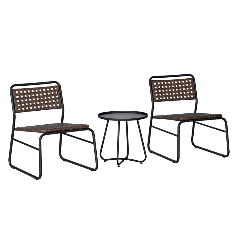 Freja Modern 3-Piece Brown Woven PE Rattan Outdoor Patio Chat Set, Indoor/Outdoor Balcony Bistro Furniture with Black Steel Frame & Table