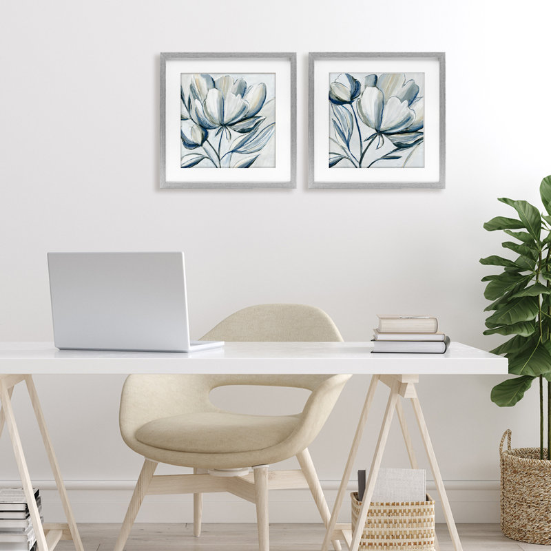 Ensemble de 2 tulipes grises brossées, impression sous verre, par Hannah Dawson, Cadre de ferme gris, H 13 po x l 13 po