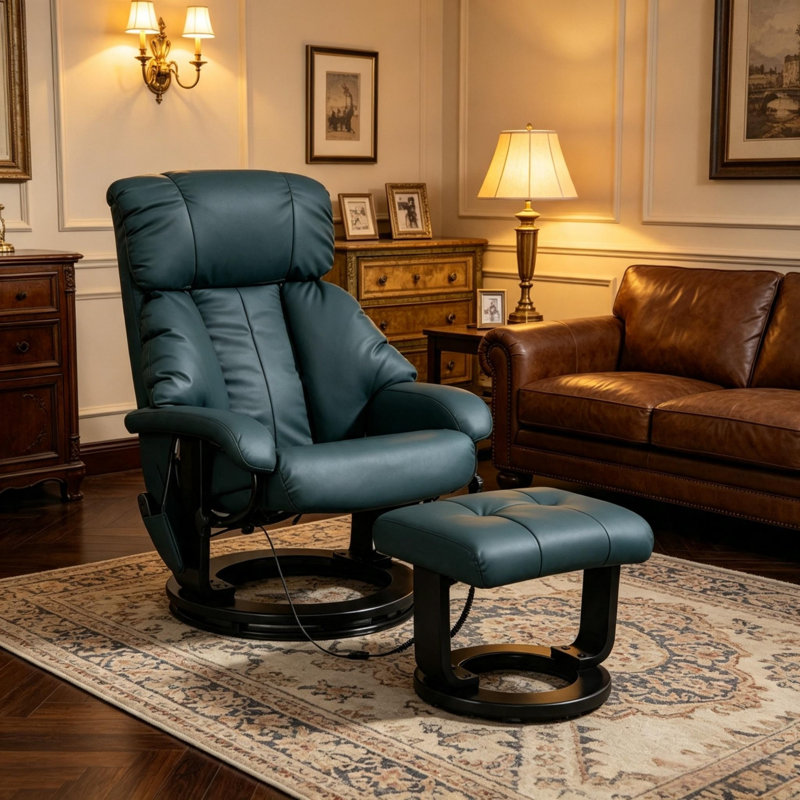 Fauteuil de massage pivotant moderne avec repose-pieds, fauteuil lounge en bois et cuir PU bleu, Bleu