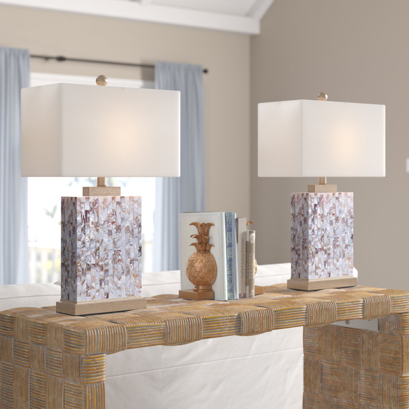 Ivory Shell Table Lamp Set with White Rectangular Shade