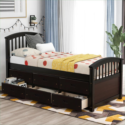 Lit plateforme simple pour lit d'enfant en bois massif brun avec six tiroirs de rangement intégrés