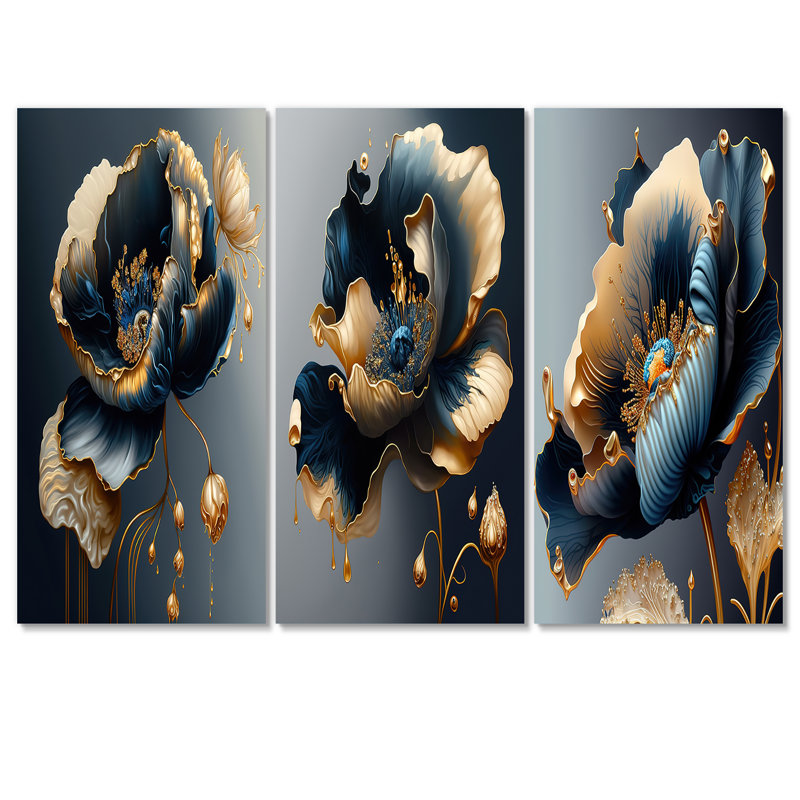 Bleu profond et fleur simple dorée I 3 pièces, H 32 po x l 48 po x P 1 po