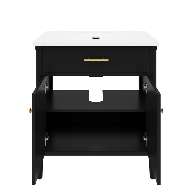 Meuble-lavabo de 31 po en noir, profil incurvé pour une utilisation élégante et élégante, charnières à fermeture en douceur, faux tiroir, lavabo en céramique, cadre à pieds noir de 31 po avec salle de bain fonctionnelle, portes