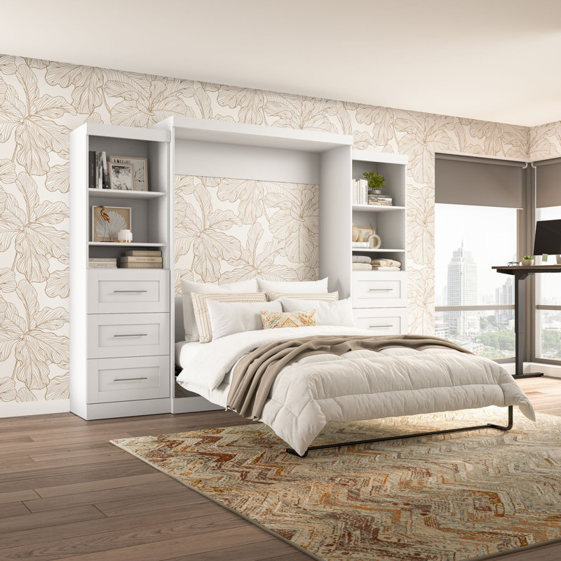 Arlex Storage Murphy Platform Space-Saving Wall Bed, 2 Shelving Units with Drawers, White, Queen