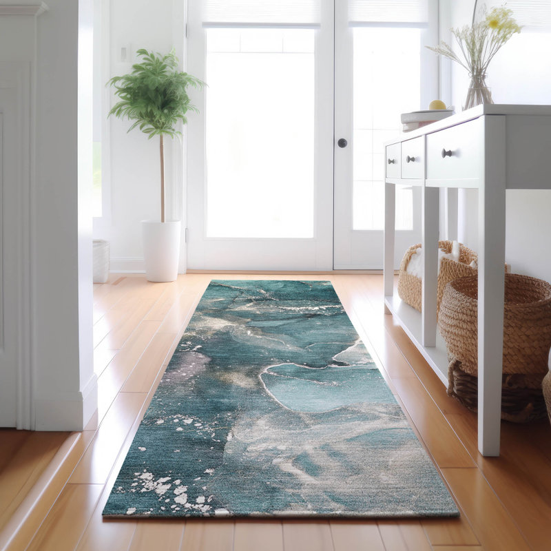 Tapis bleu sarcelle de qualité supérieure lavable à la machine Cerrito AMF518, Tapis de couloir 2 pi 3 po x 7 pi 6 po