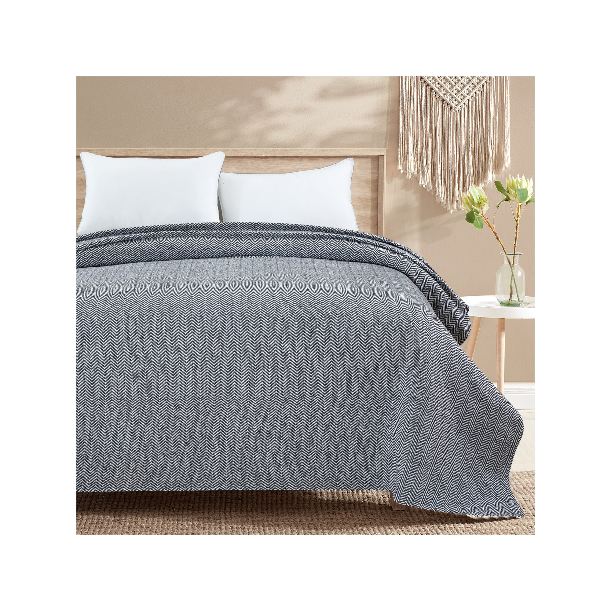 Basilia 100% Cotton Hand Woven Throw Blanket, Queen, Gray
