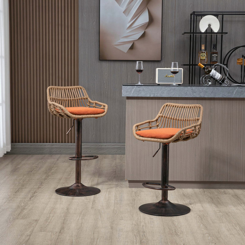 Ensemble de 2 tabourets de bar pivotants modernes - Orange - Hauteur réglable - Dossier en rotin