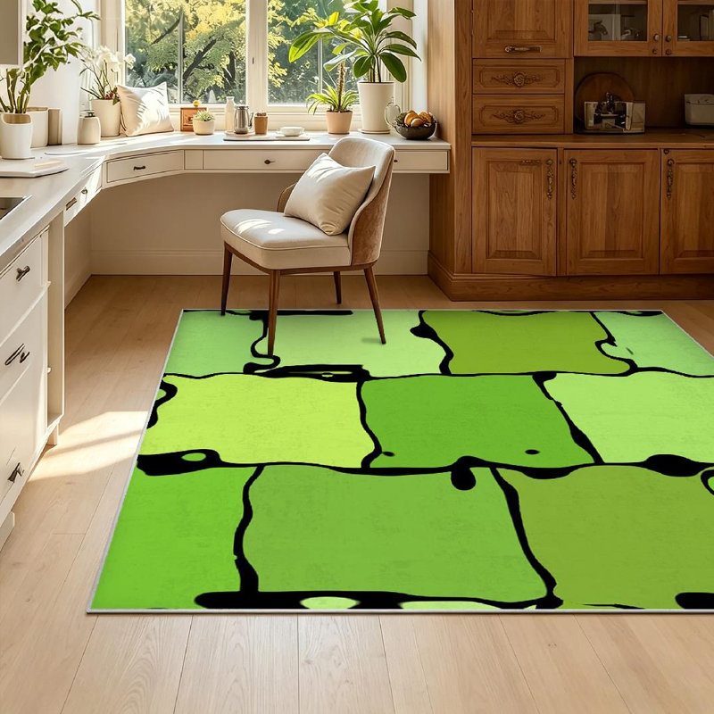 Green Abstract Lime Bar Block Brick Check Cube Fresh Olive Shape Machine Washable Indoor Area Rug, Rectangle 55" x 79"