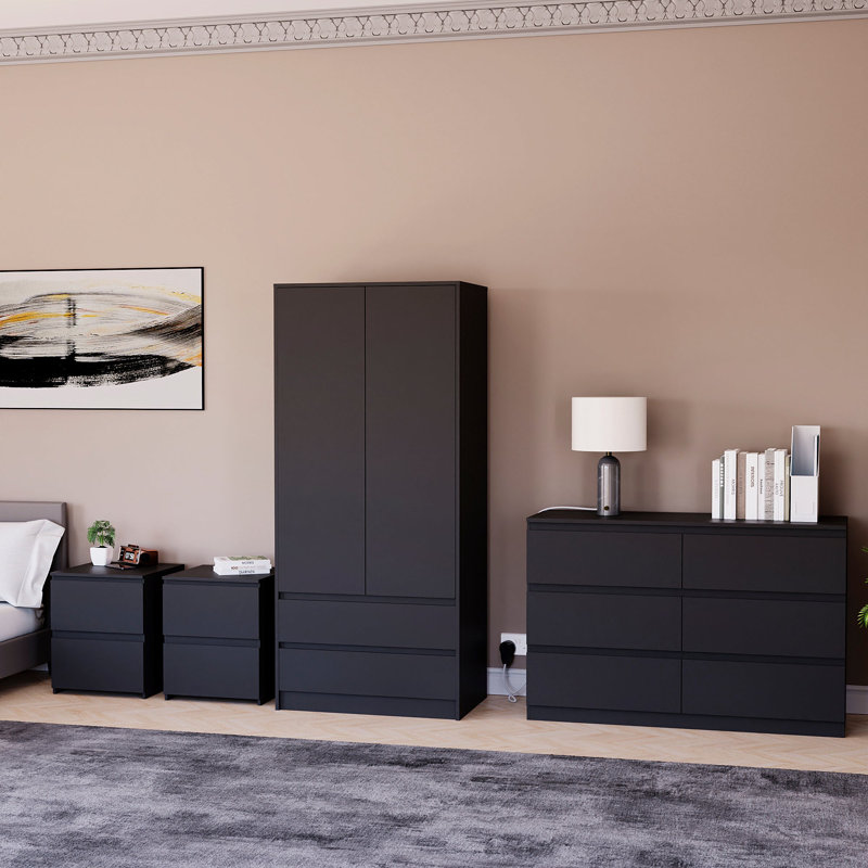 Tanino 4 Piece Bedroom Set (2 Drawer Large Bedside Chest X2, 6 Drawer Chest, 2 Door 2 Drawer Wardrobe), Black