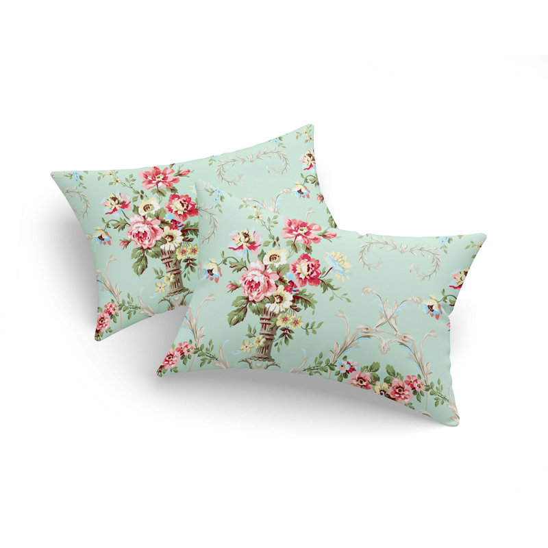 Washable Floral Print Cotton-Blend Pillowcase Set (2 Pieces), Teal Flower