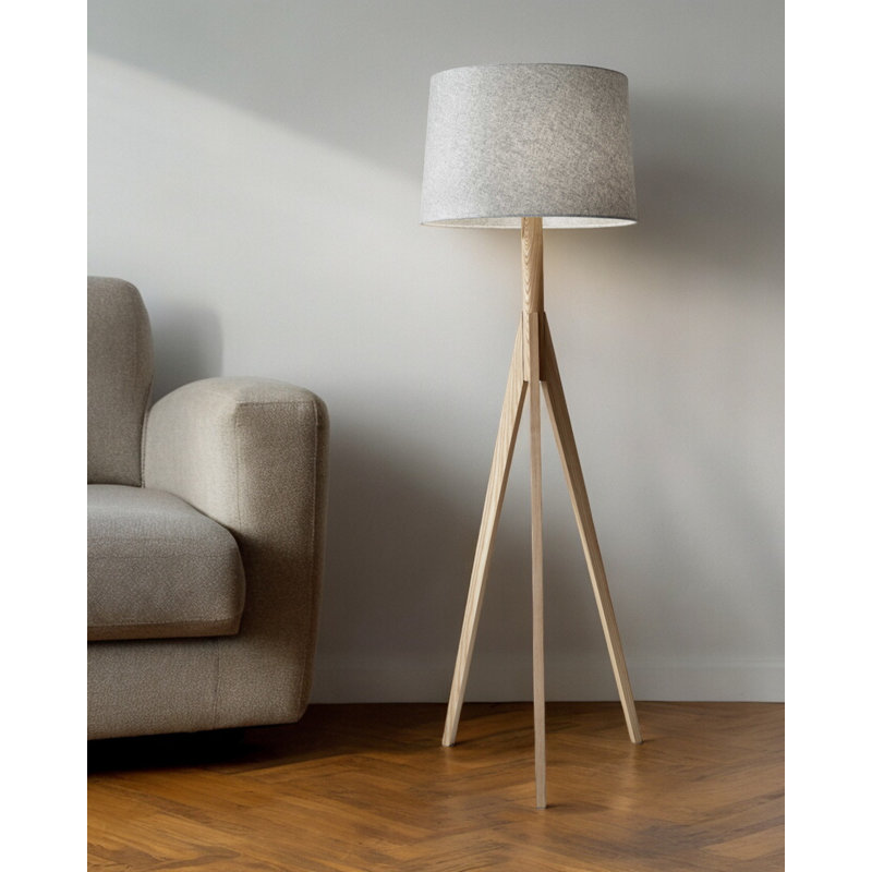 Lampe trépied 59 po en bois massif naturel avec abat-jour empire gris Hollandsworth