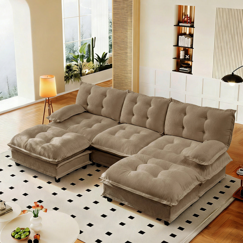 Canapé modulaire modulaire en chenille 107,8 po avec siège profond et 2 repose-pieds, Chenille café clair