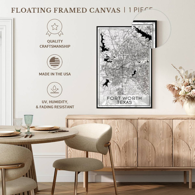 Fort Worth City Map, 31" X 46", Floating Frame Black