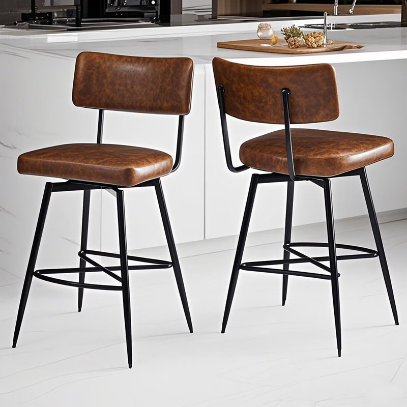 Swivel Bar Stools Set of 2 for Kitchen Island with Iron Frame Backrest Wide Cushion PU Fabric Retro Counter Height Bar Stool Vintage Bar Chair Home Furniture for Home Pub 26" Inch