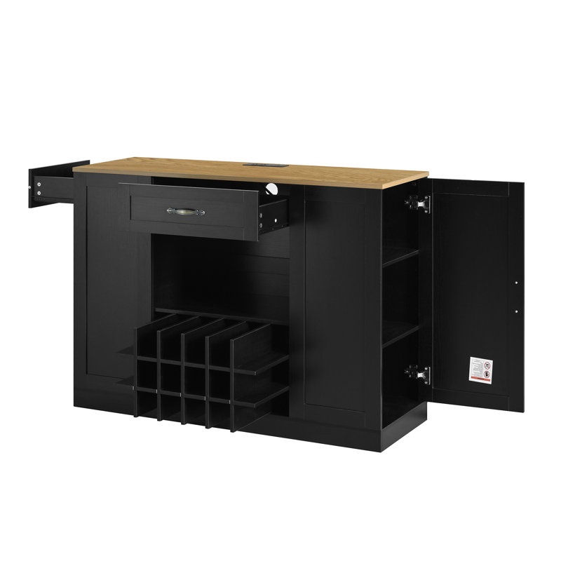 Bar à vin de style campagnard moderne de 47,2 po avec prise de courant, support à vin, tablettes réglables et tiroirs de rangement Baylen