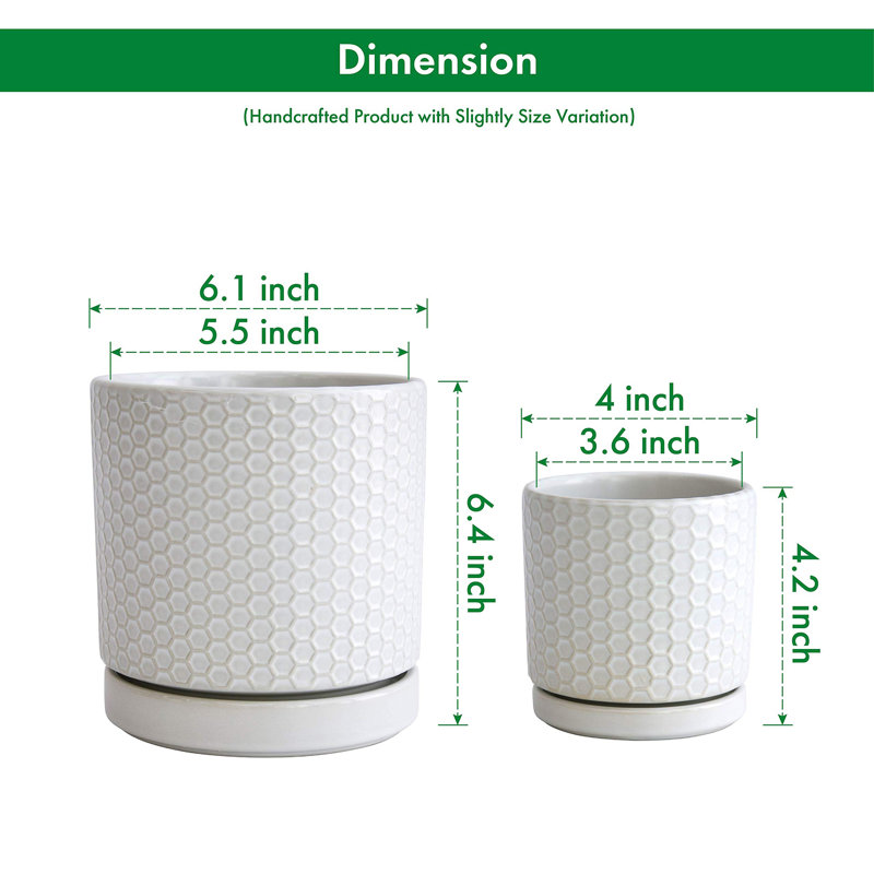 Set of 2 Modern Honeycomb Embossed Ceramic Planter Pots - 4" & 6" with Drainage Hole and Saucer