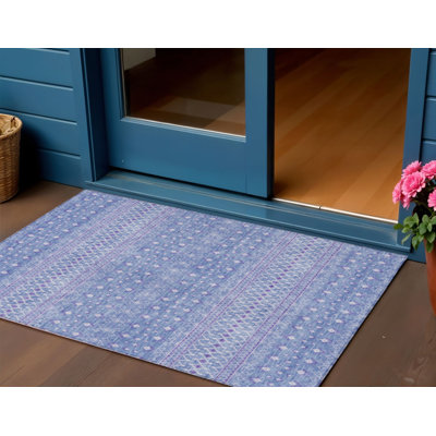 Tapis tribal mauve lavable d'extérieur 3 pi x 5 pi bleu ciel