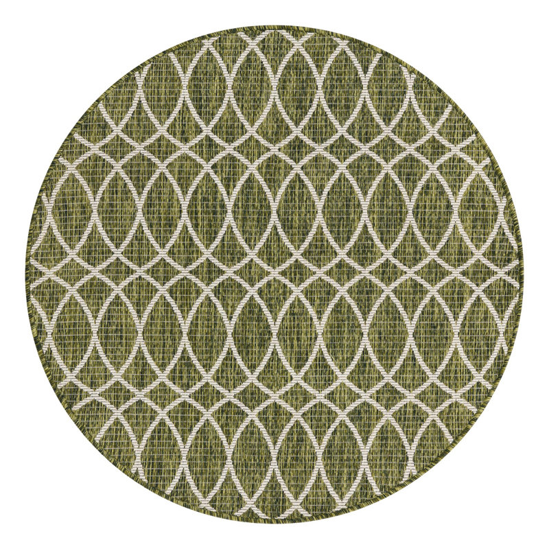 Geometric Indoor/Outdoor Area Rug in Green, Round 4'