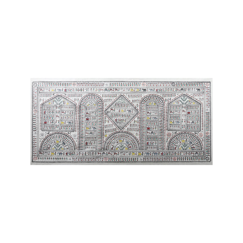«Warli Tribal Social Life», peinture sur soie tussar par Purna Chandra, art populaire aquarelle H 22 po x l 40 po, décorations murales Maharashtra Village