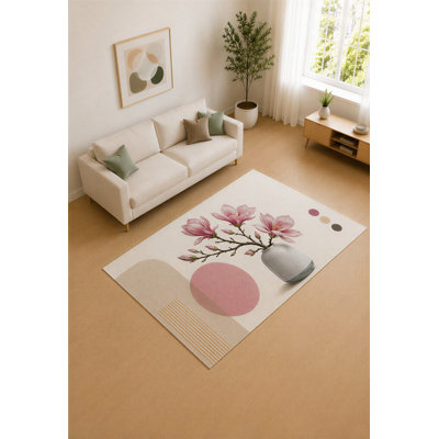 Tapis « ultra-léger » 152 x 213 cm, rose poudré et ivoire, motif vase magnolia, idéal pour le salon. Tapis doux à poils courts avec envers antidérapant en silicone, parfait pour la chambre à coucher et le bureau.