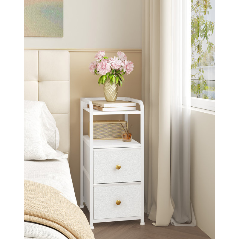 Slim Bedside Table Set of 2, Bedside Cabinet with 2 Fabric Storage Drawers, Narrow Side End Table with Open Compartment, Nightstand for Bedroom, Living Room, 35 x 27 x 60 cm, White