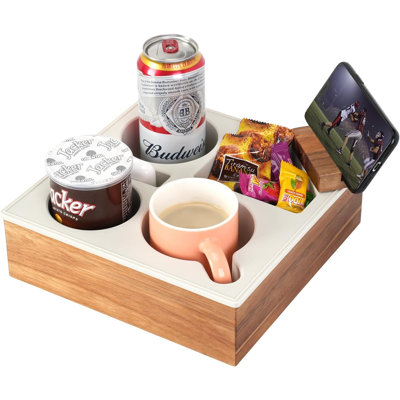 Plateau porte-gobelet pour canapé, support en bois d'acacia doux et pratique en bois pour siège de voiture de plage, blanc