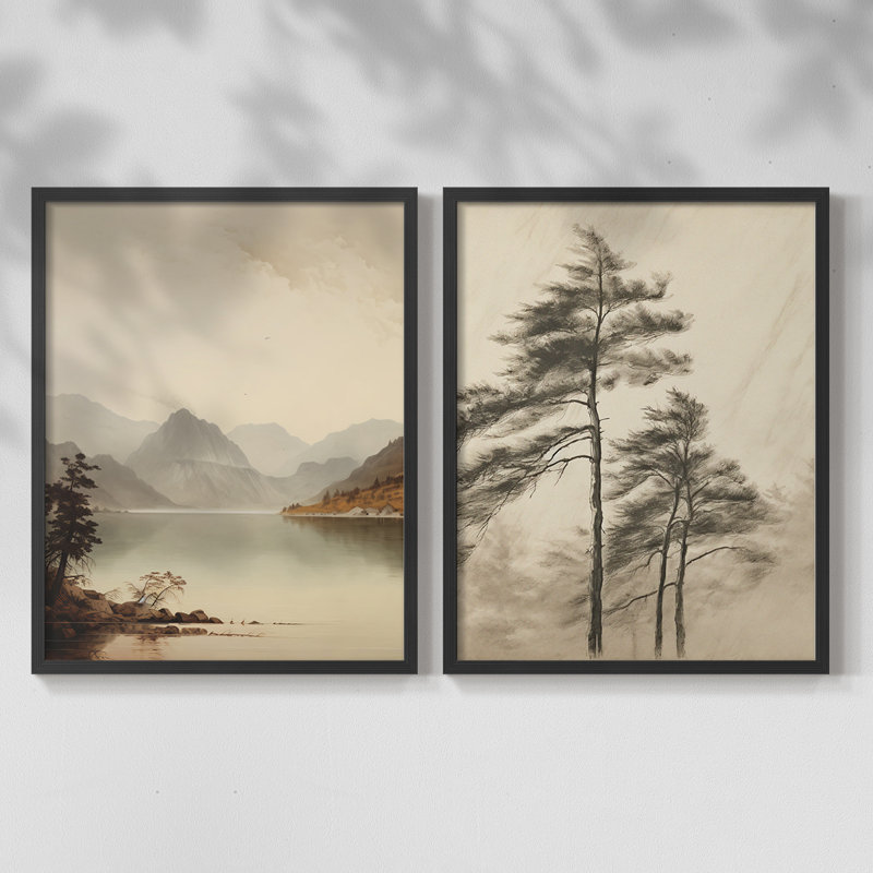 «Vintage Landscape», ensemble de 2 estampes numériques encadrées, H 23 po x l 58 po, Noir, noir, noir, noir